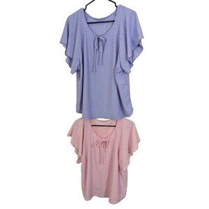 Lot of 2 Womens Tops Plus Size 2X Eyelet Flutter Sleeves Purple Pink Romantic